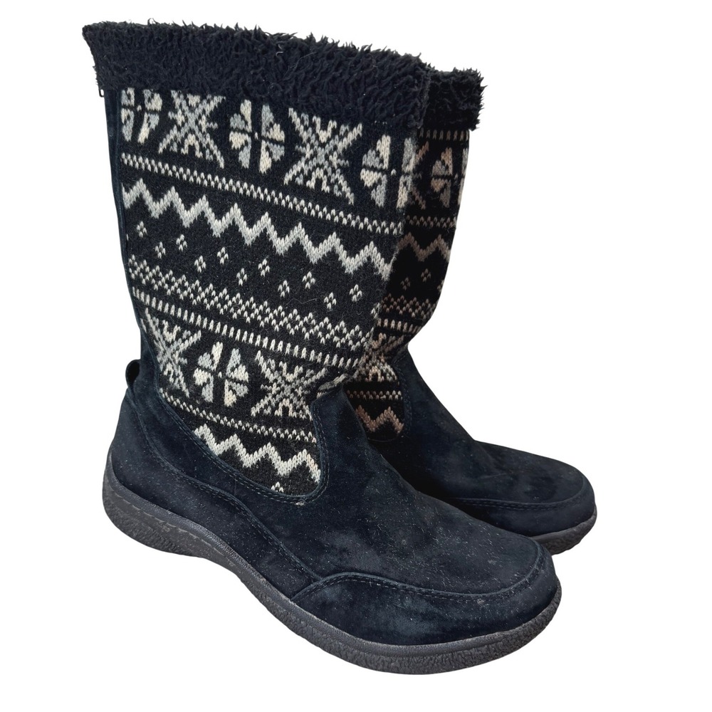 Propet Snow Boots Size 7N Women's Black Suede Leather Fair Isle Knit Winter